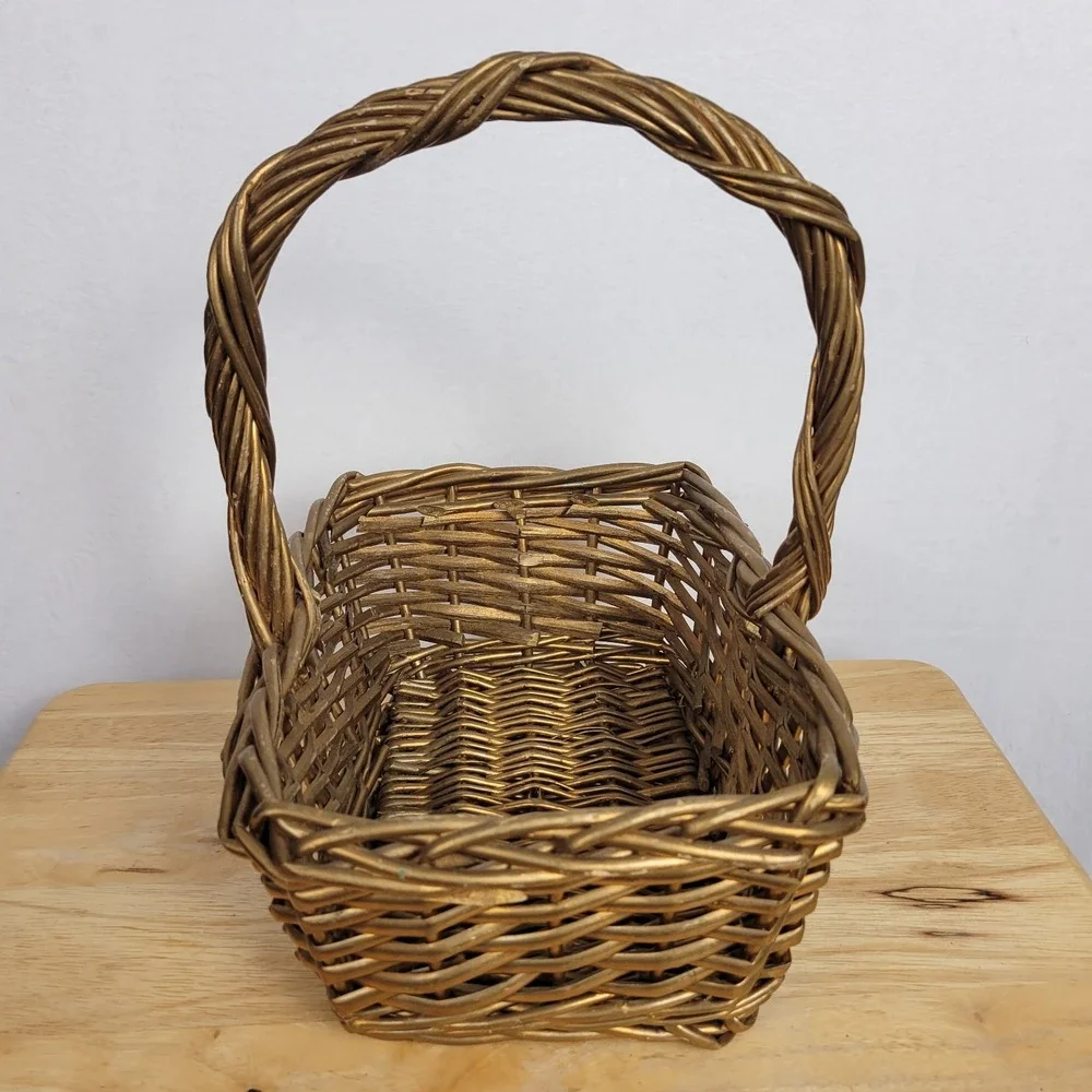 Gold Painted Wicker Flower Basket Vintage Gathering Woven Basket With Handle